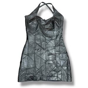 Vintage 90s Black Leather Mini Dress Patchwork Convertible Straps Zip Back S